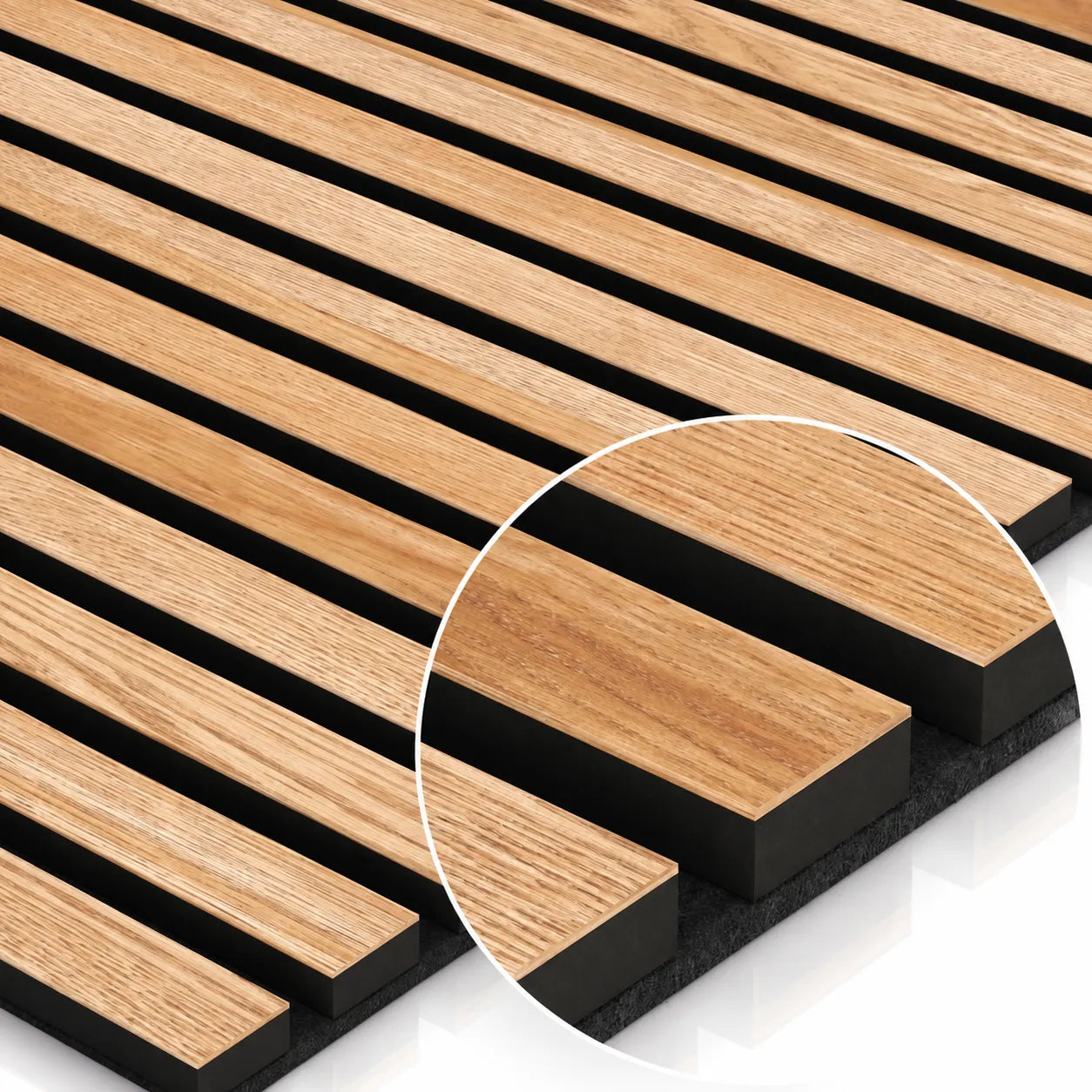 Close-up of Oak Black Wood Slat Wall Panelling oak veneer and black MDF