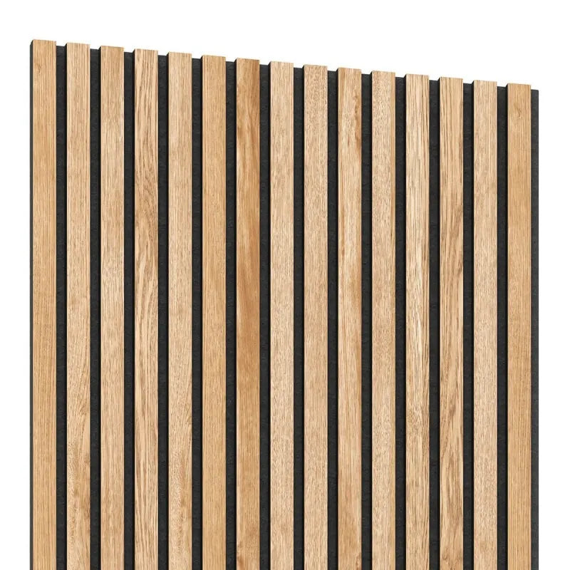 Front view of Oak Black Wood Slat Wall Panelling with black acoustic felt