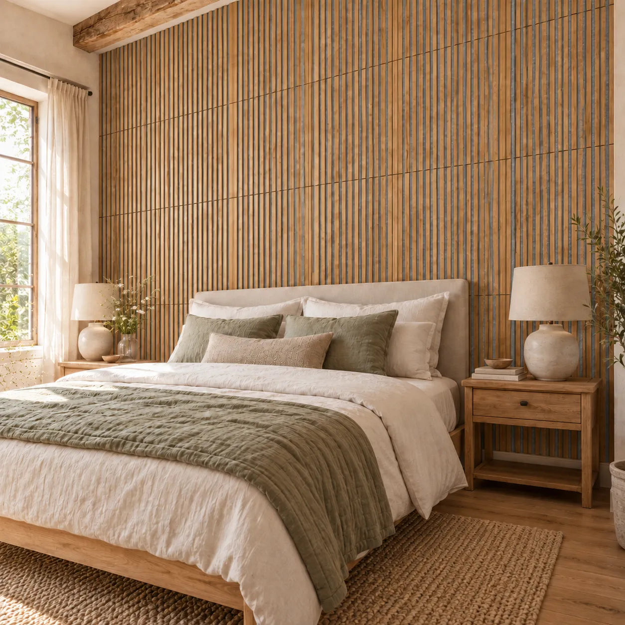 1. Oak Grey Wood Slat Wall Panelling feature wall in contemporary bedroom