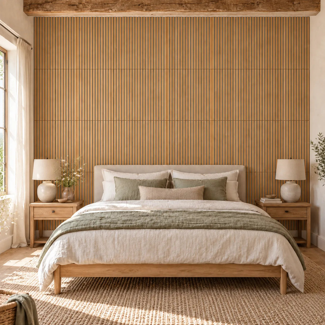 Oak Grey Wood Slat Wall Panelling installed in modern bedroom