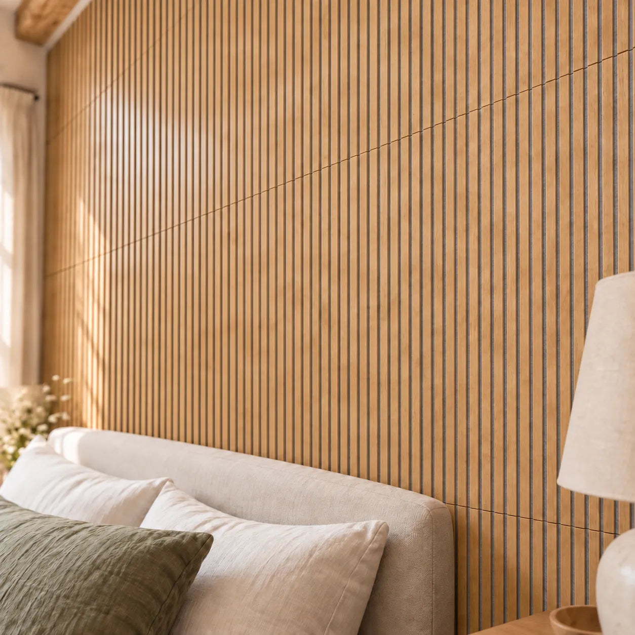 Oak Grey Wood Slat Wall Panelling installed in modern bedroom