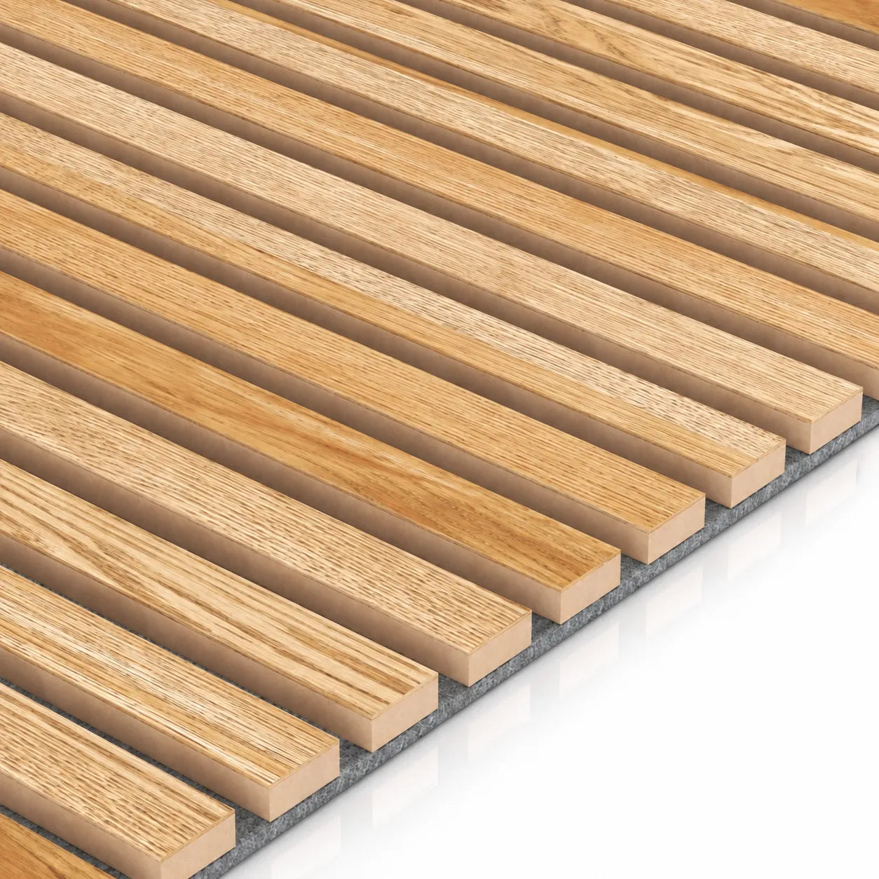 Close-up of Oak Grey Wood Slat Wall Panelling with natural oak veneer