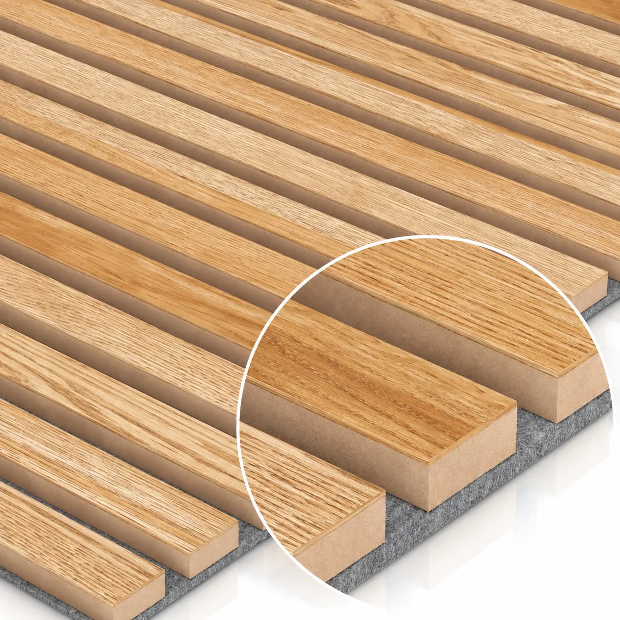Oak Grey Wood Slat Wall Panelling with grey acoustic felt backing