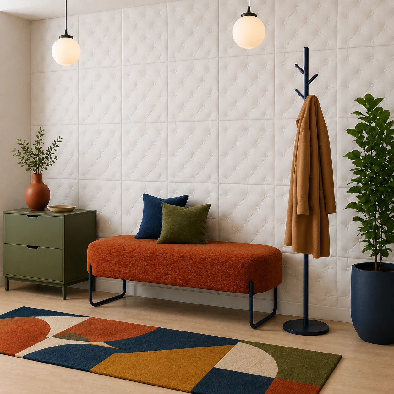 Angled view of a colorful modern hallway featuring a wall of white 3D polystyrene panels with an elegant button-tufted pillow design