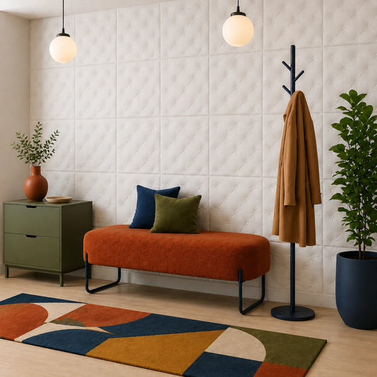 Angled view of a colorful modern hallway featuring a wall of white 3D polystyrene panels with an elegant button-tufted pillow design