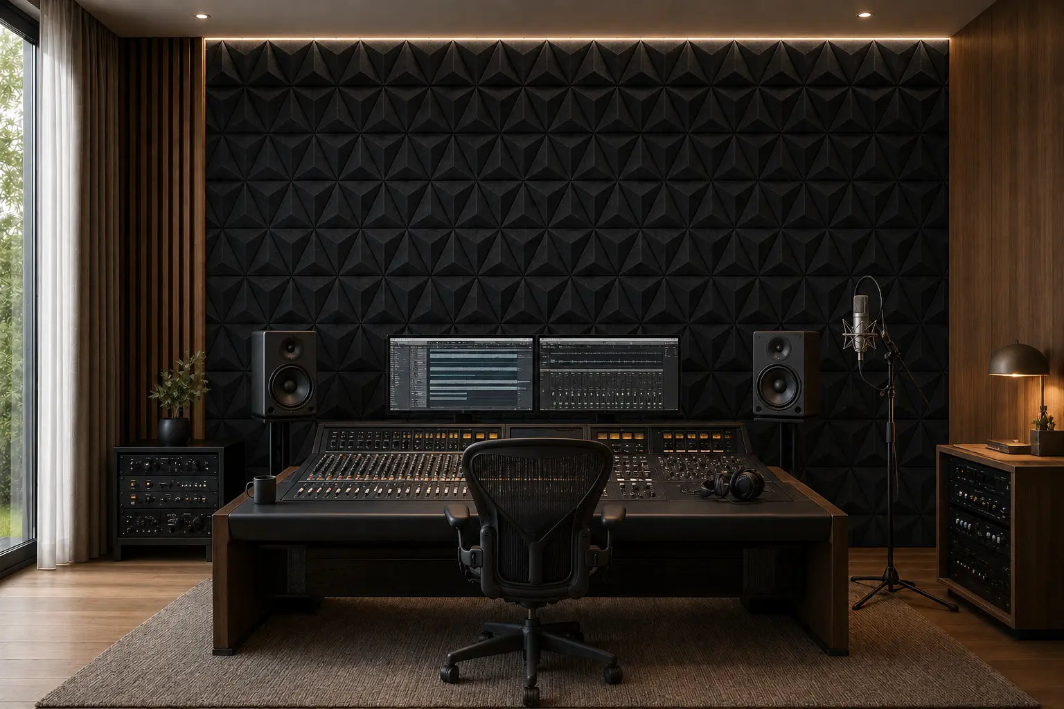 Black PYRAMID 3D acoustic felt wall panels in a professional recording studio with a mixing console, monitor speakers and microphone