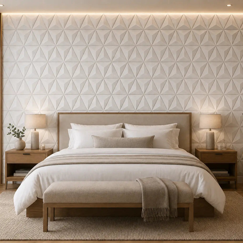 White PYRAMID 3D acoustic felt wall panels in an elegant hotel bedroom with a wooden bed, neutral textiles and warm ambient lighting front view
