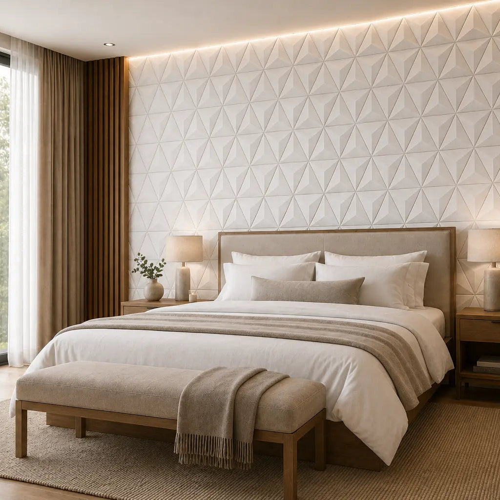 White PYRAMID 3D acoustic felt wall panels in an elegant hotel bedroom with a wooden bed, neutral textiles and warm ambient lighting side view