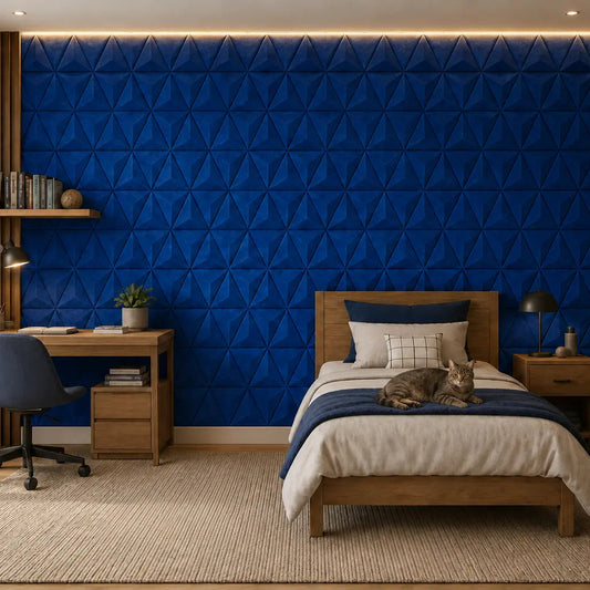Indigo PYRAMID 3D acoustic felt wall panels in a modern tennis-themed boy’s bedroom with wooden furniture and a cat resting on the bed.