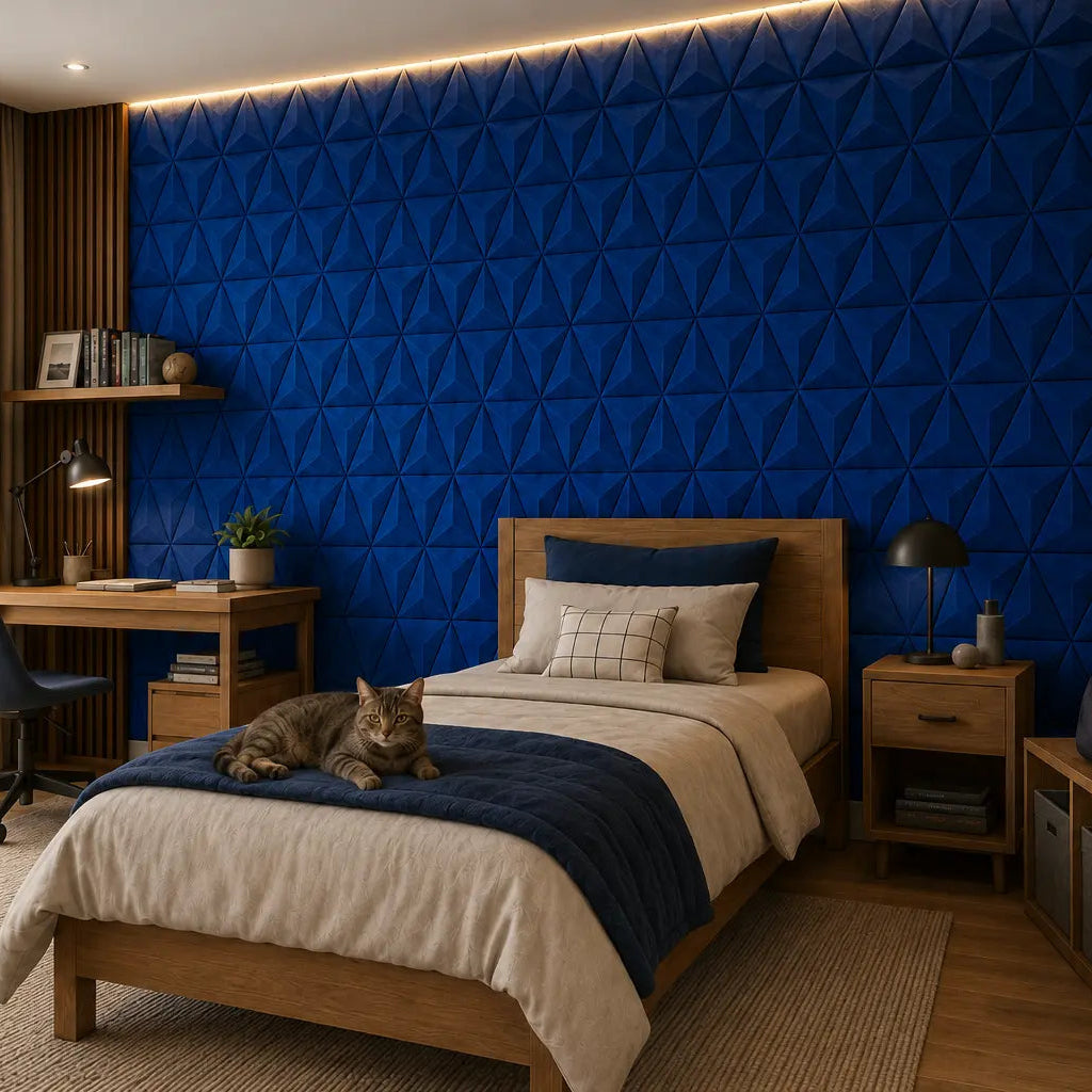Indigo PYRAMID 3D acoustic felt wall panels viewed from the right in a tennis-themed boy’s bedroom with a wooden bed and resting cat