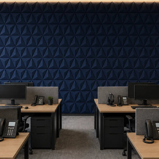 Navy PYRAMID 3D acoustic felt wall panels in a modern call centre office, featuring a sharp geometric relief and textured finish front view