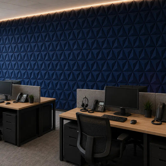 Navy PYRAMID 3D acoustic felt wall panels in a modern call centre office, featuring a sharp geometric relief and textured finish side view