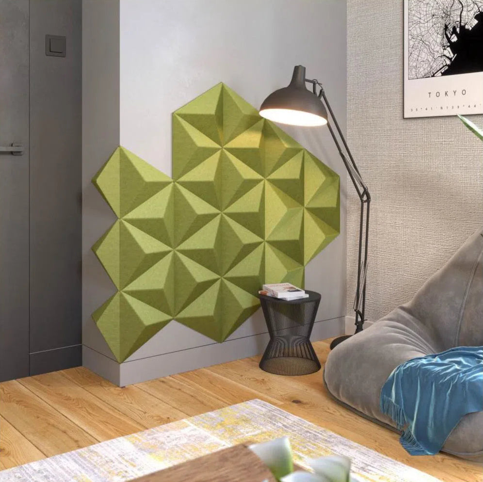 PYRAMID A 3D Acoustic Felt Wall Panels OLIVE in modern living room interior DecorMania.eu