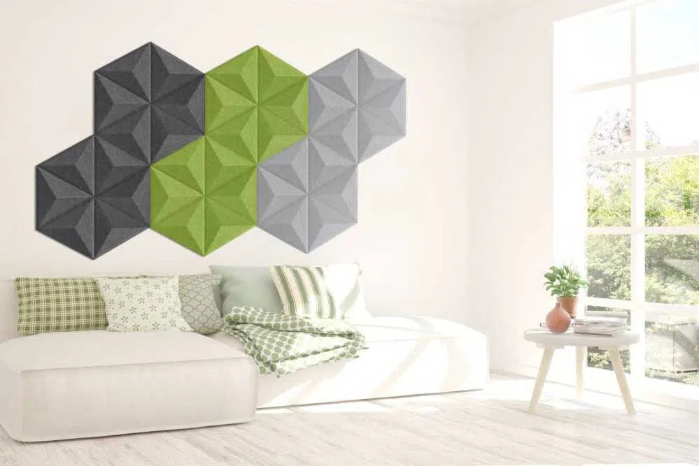 PYRAMID A 3D Acoustic Felt Wall Panels OLIVE in white living room interior DecorMania.eu