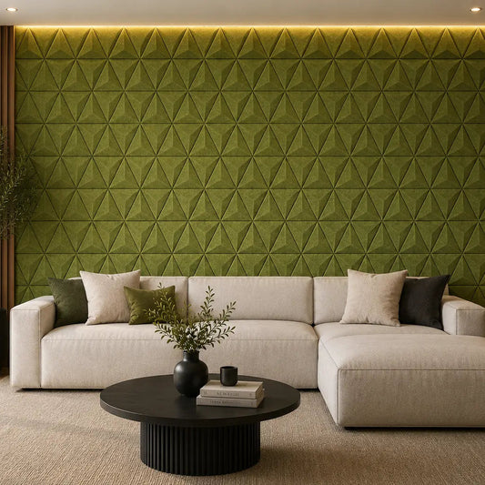 Olive PYRAMID 3D acoustic felt wall panels in a modern living room with a cream sectional sofa, wooden furniture and warm lighting front view