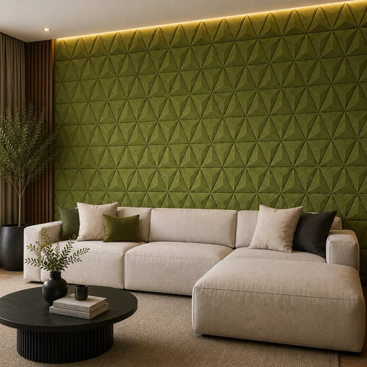 Olive PYRAMID 3D acoustic felt wall panels in a modern living room with a cream sectional sofa, wooden furniture and warm lighting side view