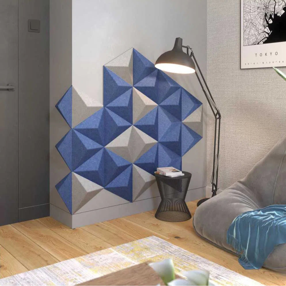 PYRAMID Acoustic 3D Felt Wall Panels GREY composition in living room interior Decormania.eu
