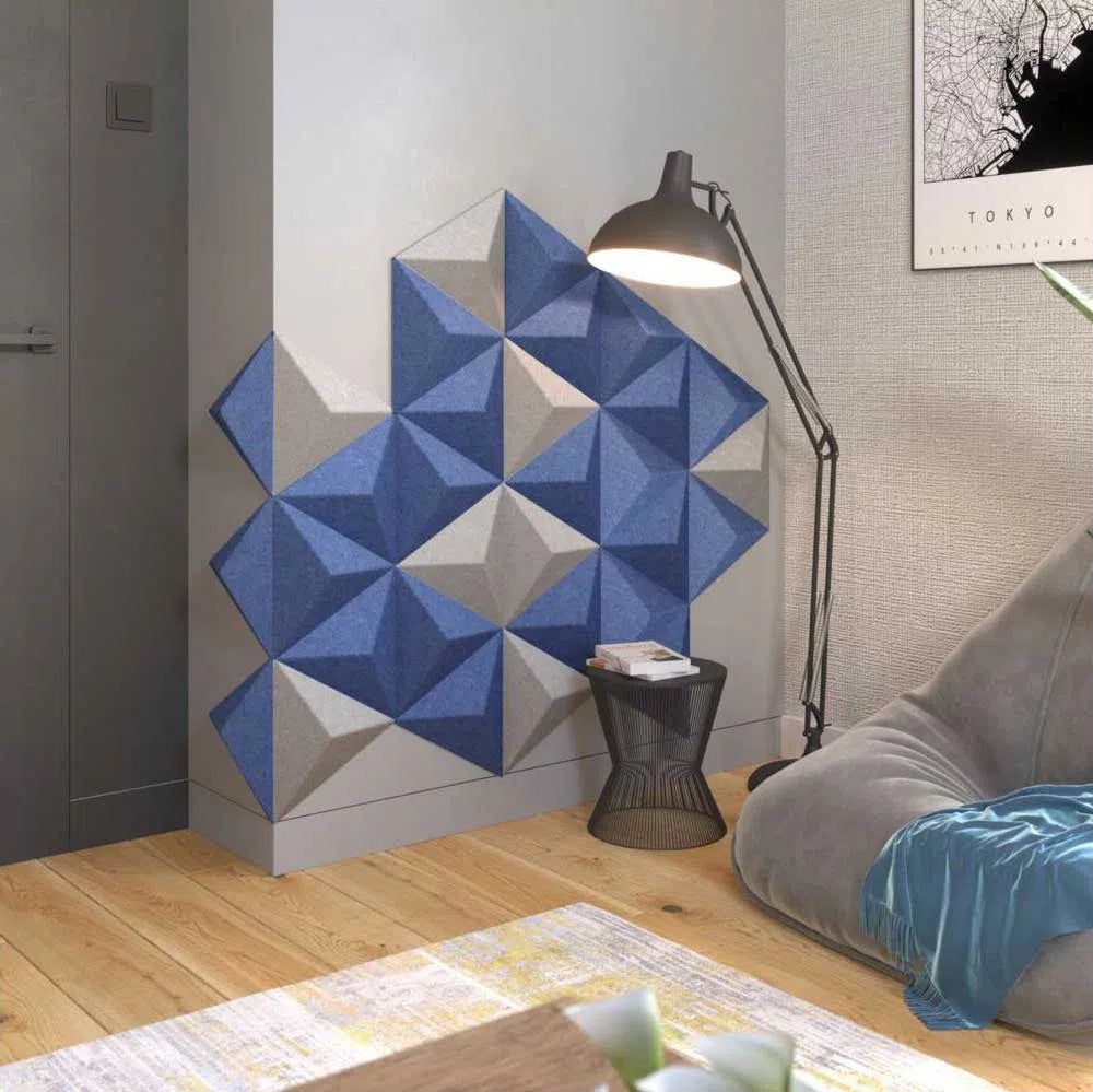 PYRAMID Acoustic 3D Felt Wall Panels INDIGO in modern living room interior DecorMania.eu