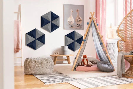 PYRAMID Acoustic 3D Felt Wall Panels NAVY in cozy childrens room interior DecorMania.eu