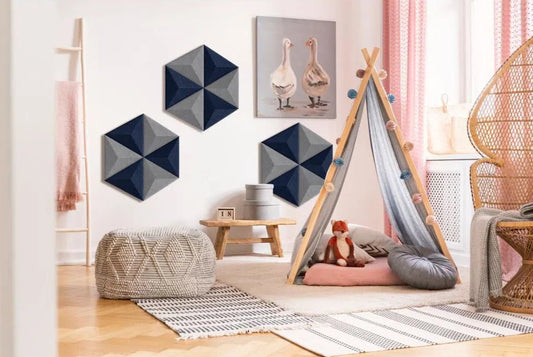 PYRAMID Acoustic 3D Felt Wall Panels NAVY in cozy childrens room interior DecorMania.eu