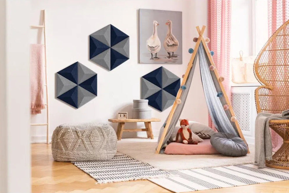 PYRAMID Acoustic 3D Felt Wall Panels NAVY in cozy childrens room interior DecorMania.eu