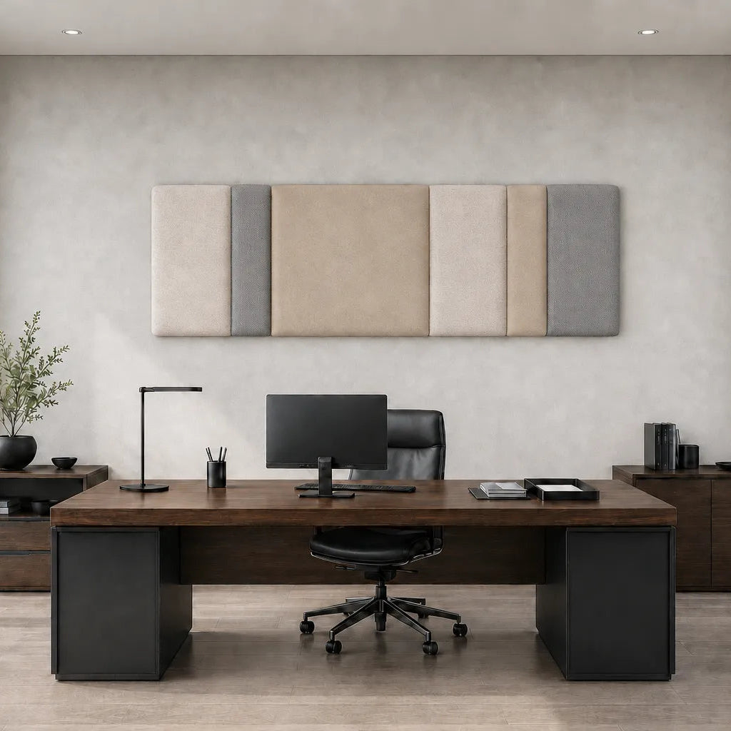 Front view of a multi-section beige, cream and grey upholstered wall panel displayed above an executive desk in a modern high-rise office