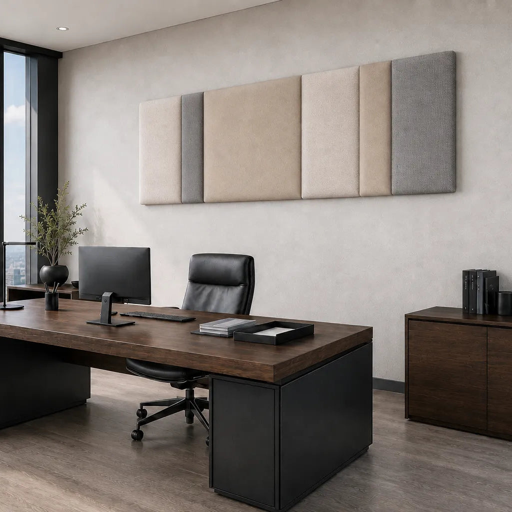 Angled view of a rectangular upholstered wall panel with alternating beige, cream and grey sections above a dark wooden office desk