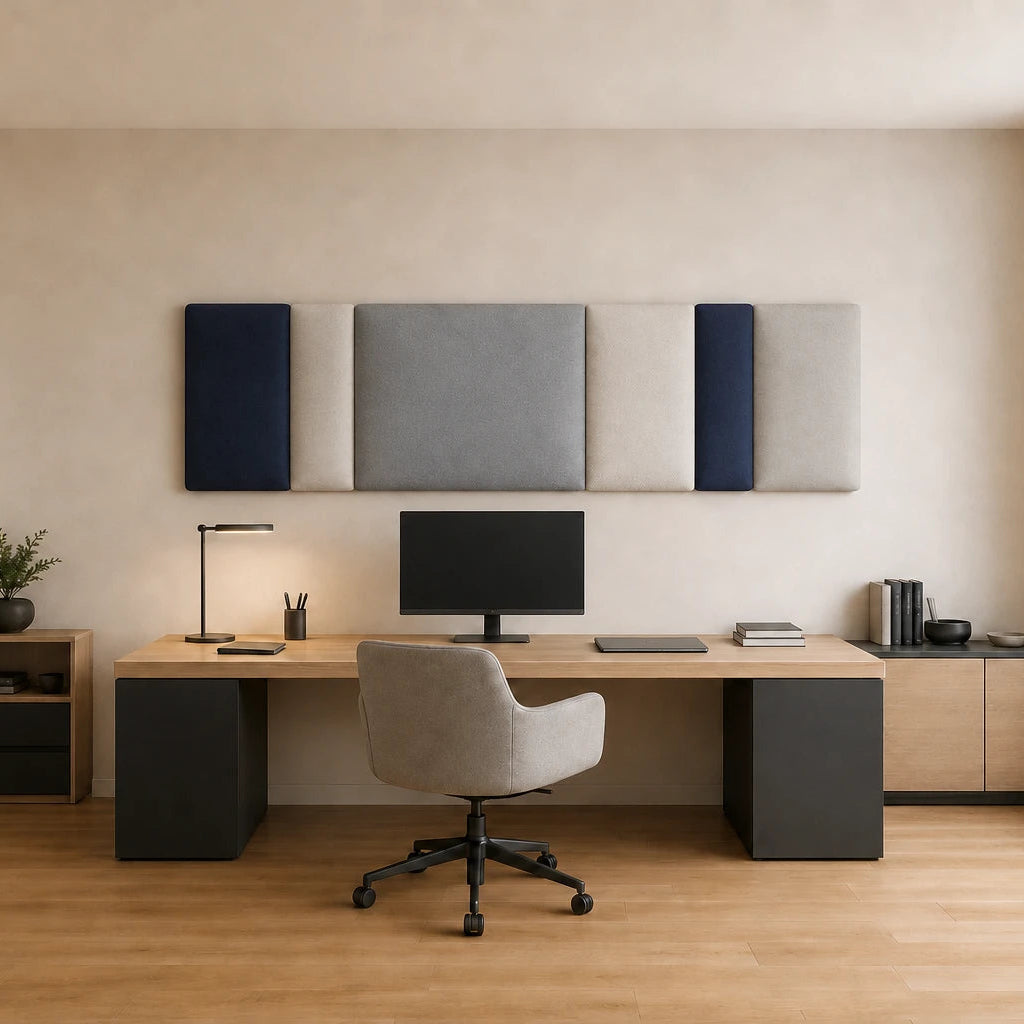 Front view of a multi-section navy, grey and cream upholstered wall panel displayed above a wooden desk in a bright modern home office