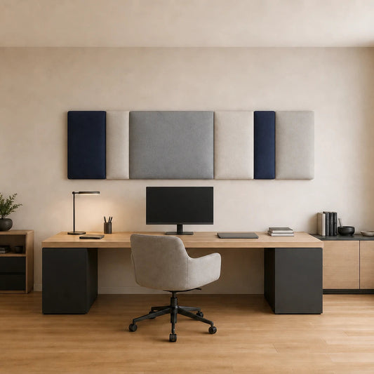 Front view of a multi-section navy, grey and cream upholstered wall panel displayed above a wooden desk in a bright modern home office