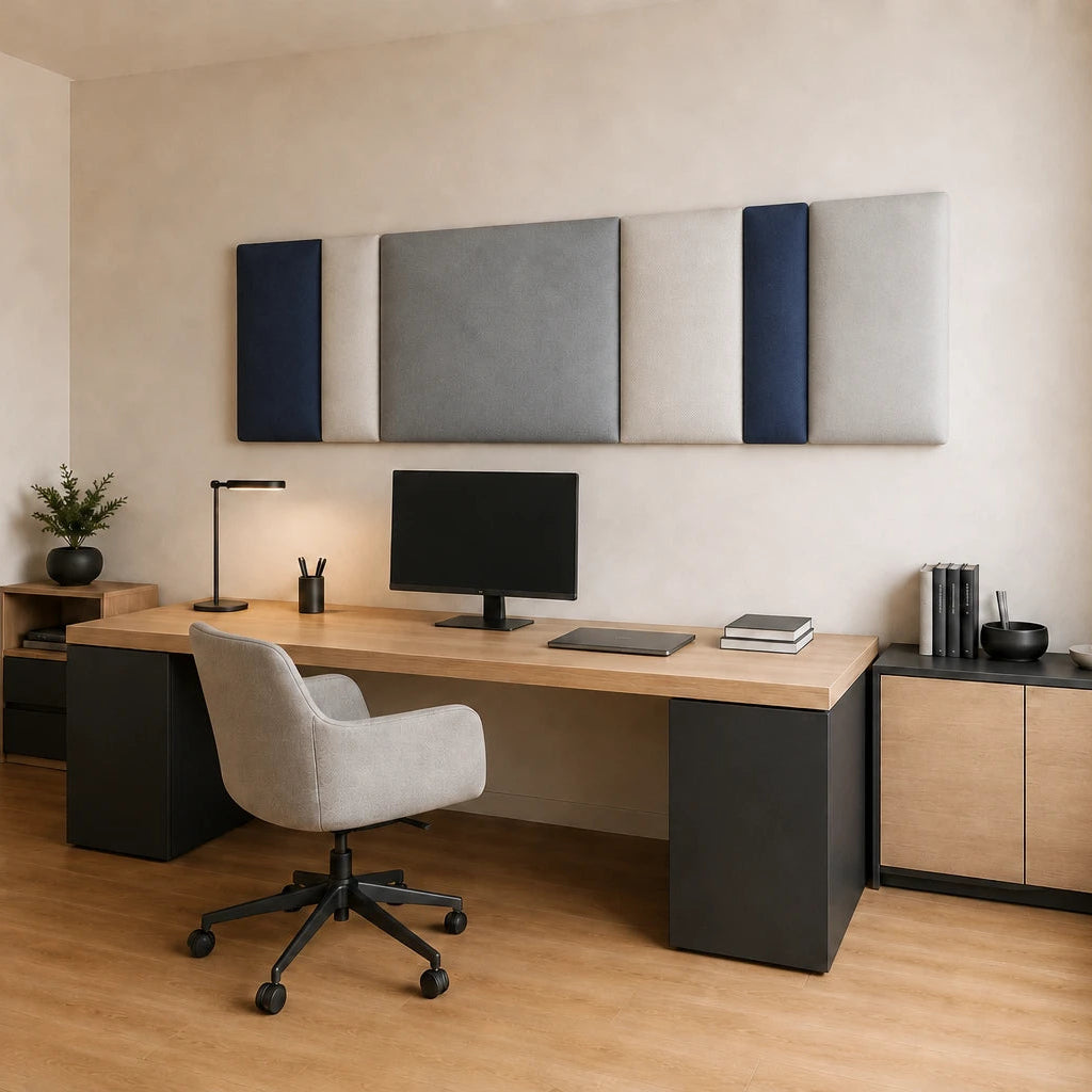 Angled view of a rectangular upholstered wall panel with alternating navy, grey and cream sections above a minimalist office desk
