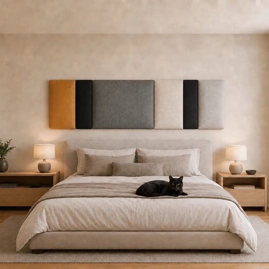 Front view of a multi-section mustard, black, charcoal and cream upholstered wall panel displayed above a bed with a black cat