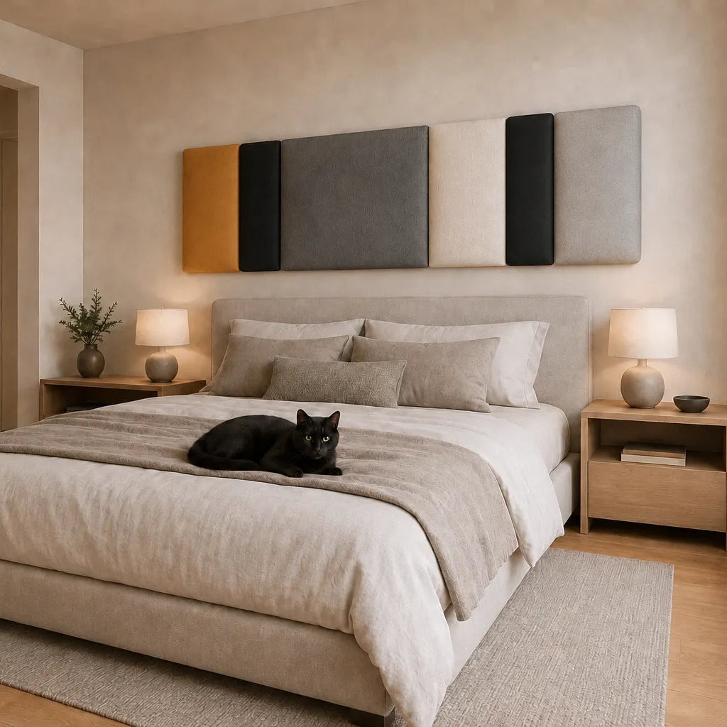 Angled view of a rectangular upholstered wall panel with alternating mustard and neutral sections above a bed in a warm modern bedroom