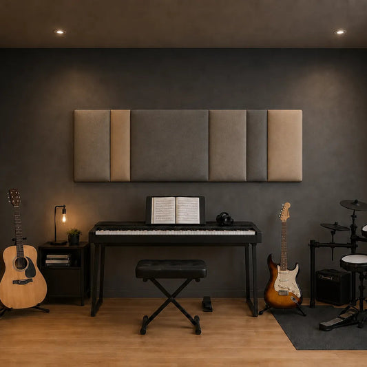 Front view of a multi-section olive-grey, taupe and beige upholstered wall panel displayed above a digital piano in a modern music room