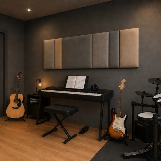 Angled view of a rectangular upholstered wall panel with alternating neutral sections above a piano, guitars and an electronic drum kit
