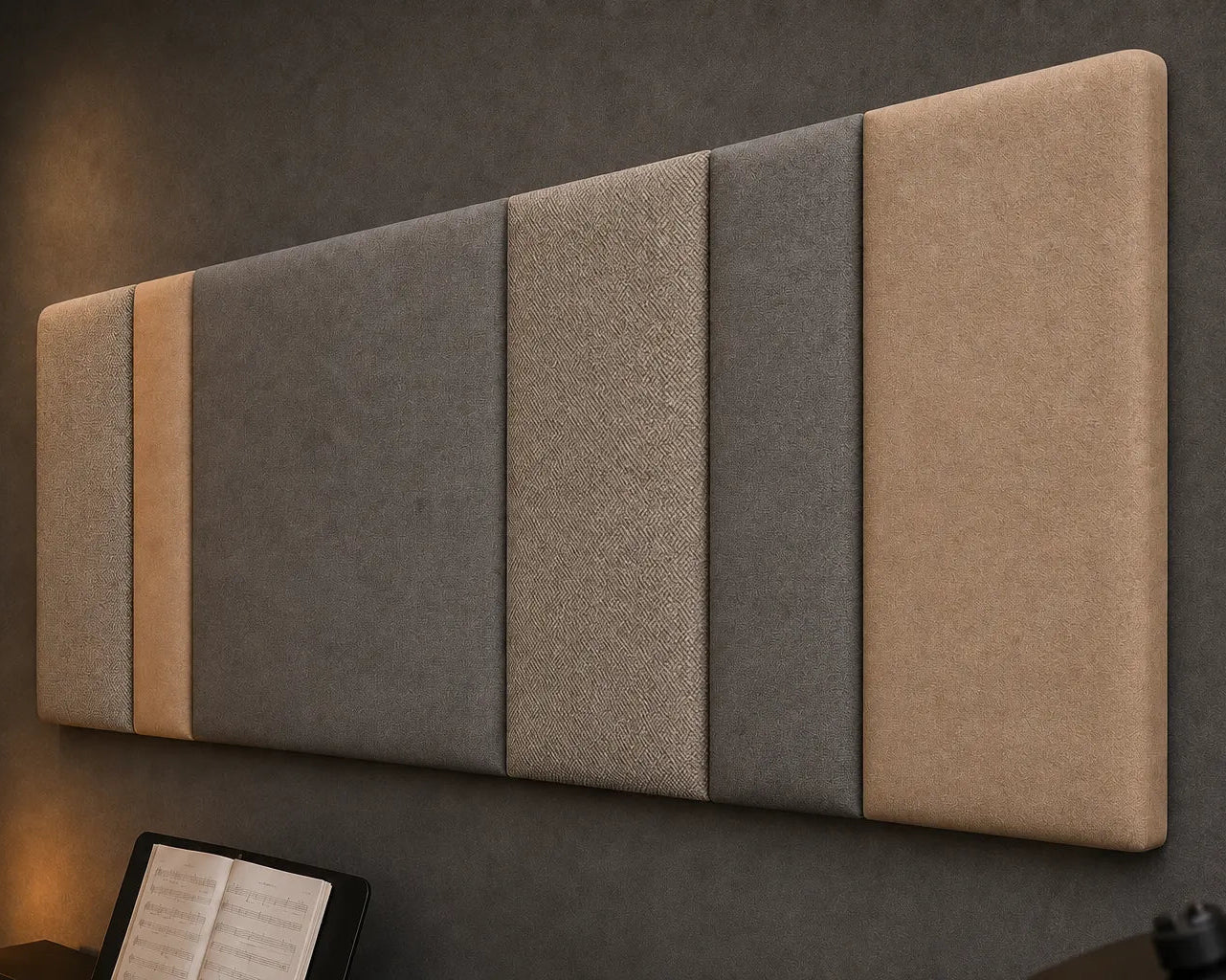 Close-up angled view of a multi-section upholstered wall panel, highlighting its olive-grey and beige colours, varied widths and contrasting woven fabric textures