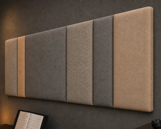 Close-up angled view of a multi-section upholstered wall panel, highlighting its olive-grey and beige colours, varied widths and contrasting woven fabric textures