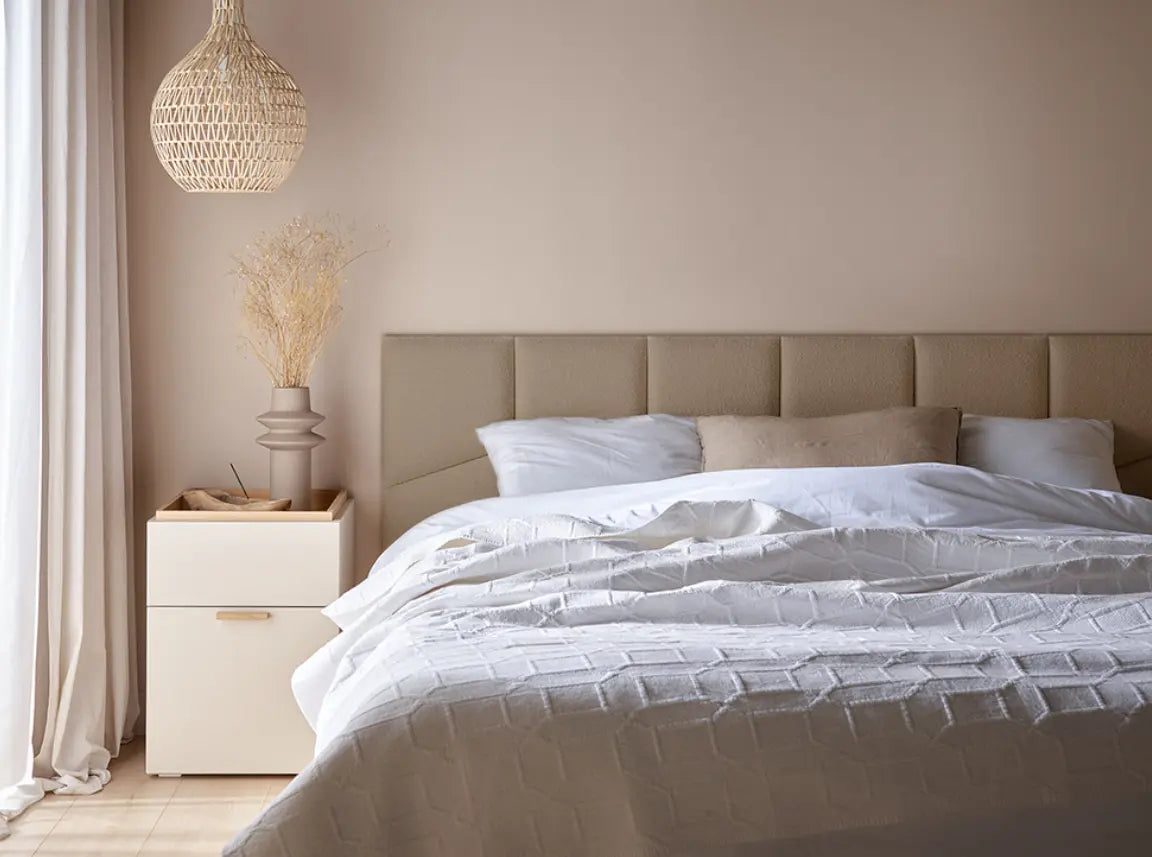 Padded Wall Panels Set 2 Beige in bedroom interior Decormania.eu