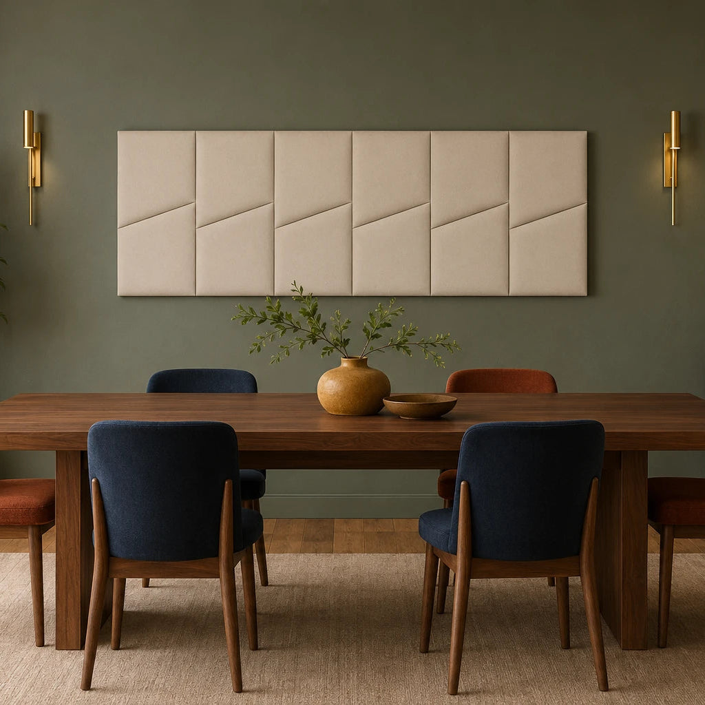 Front view of six beige padded wall panels with diagonal seams, mounted above a wooden dining table on an olive-green wall