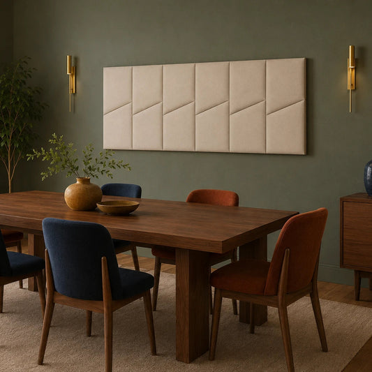 Angled view of six beige upholstered wall panels with diagonal detailing in a modern dining room