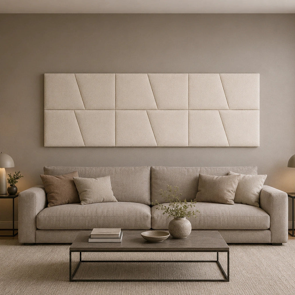 Front view of a large cream upholstered wall panel with geometric diagonal seams, displayed above a neutral sofa in a modern living room