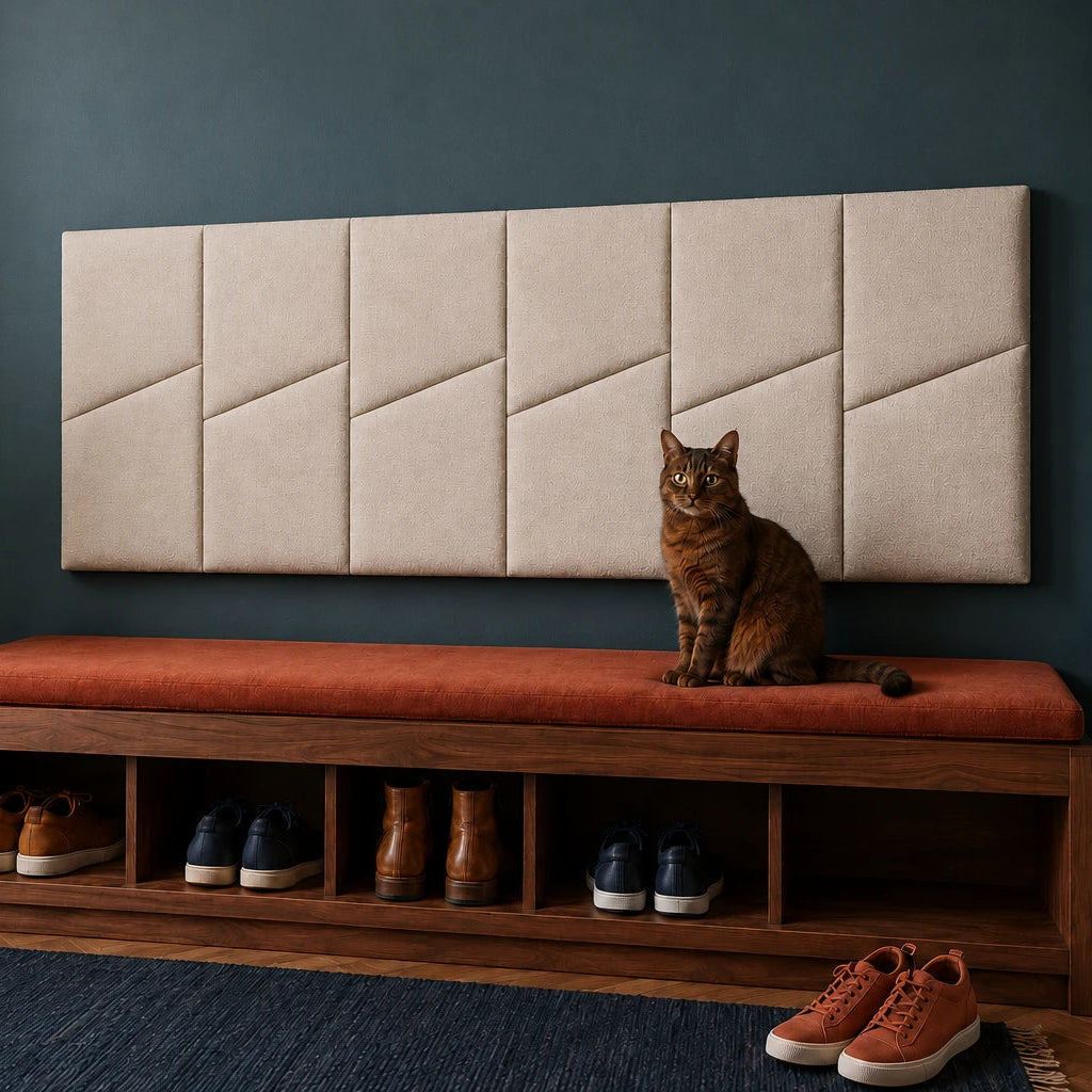 Angled view of six cream upholstered wall panels installed above a wooden hallway bench with a seated tabby cat