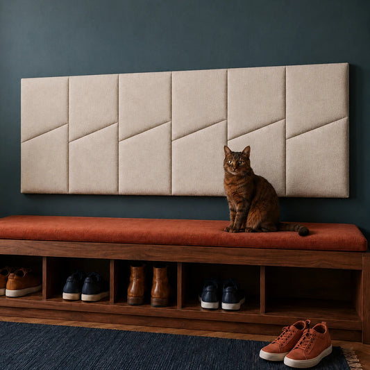 Angled view of six cream upholstered wall panels installed above a wooden hallway bench with a seated tabby cat
