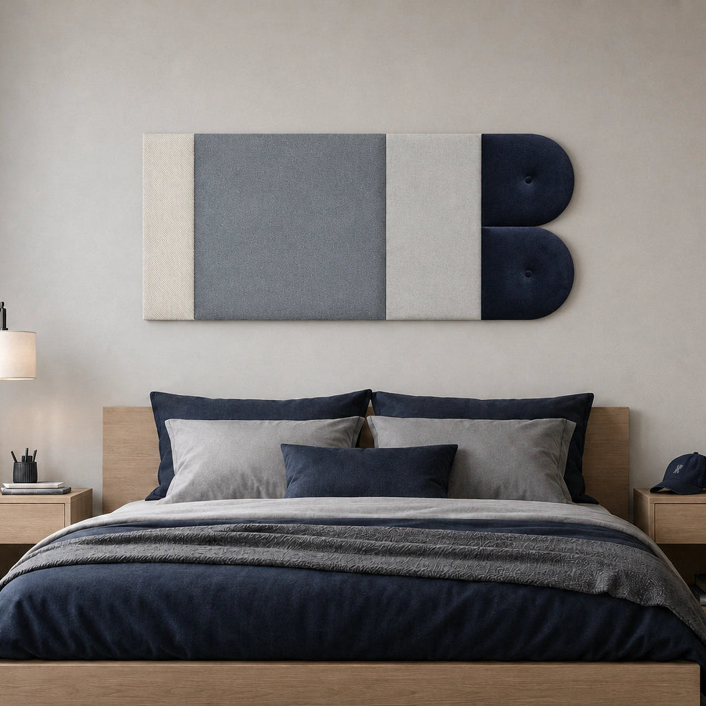 Front view of a geometric upholstered wall panel in cream, light grey and navy, displayed above a wooden bed in a modern bedroom