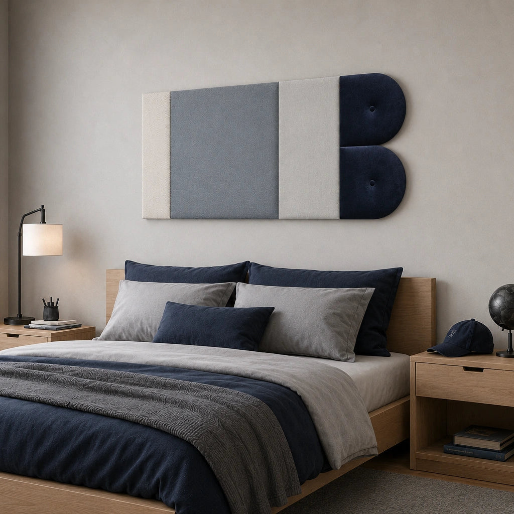 Angled view of a multi-section upholstered wall panel with two stacked navy rounded ends and button details, mounted above a bed