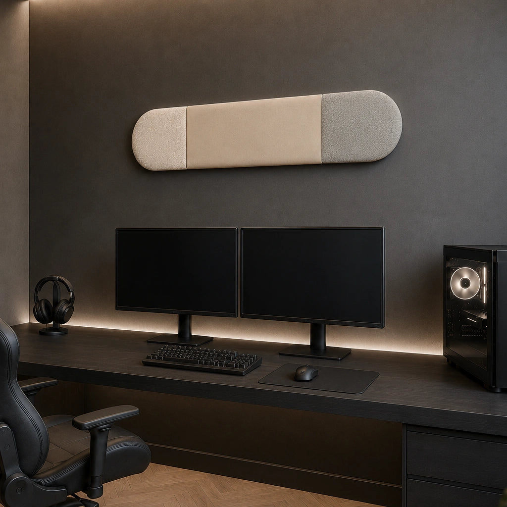 Angled view of a three-section beige, cream and light grey upholstered wall panel displayed above a dual-monitor gaming setup