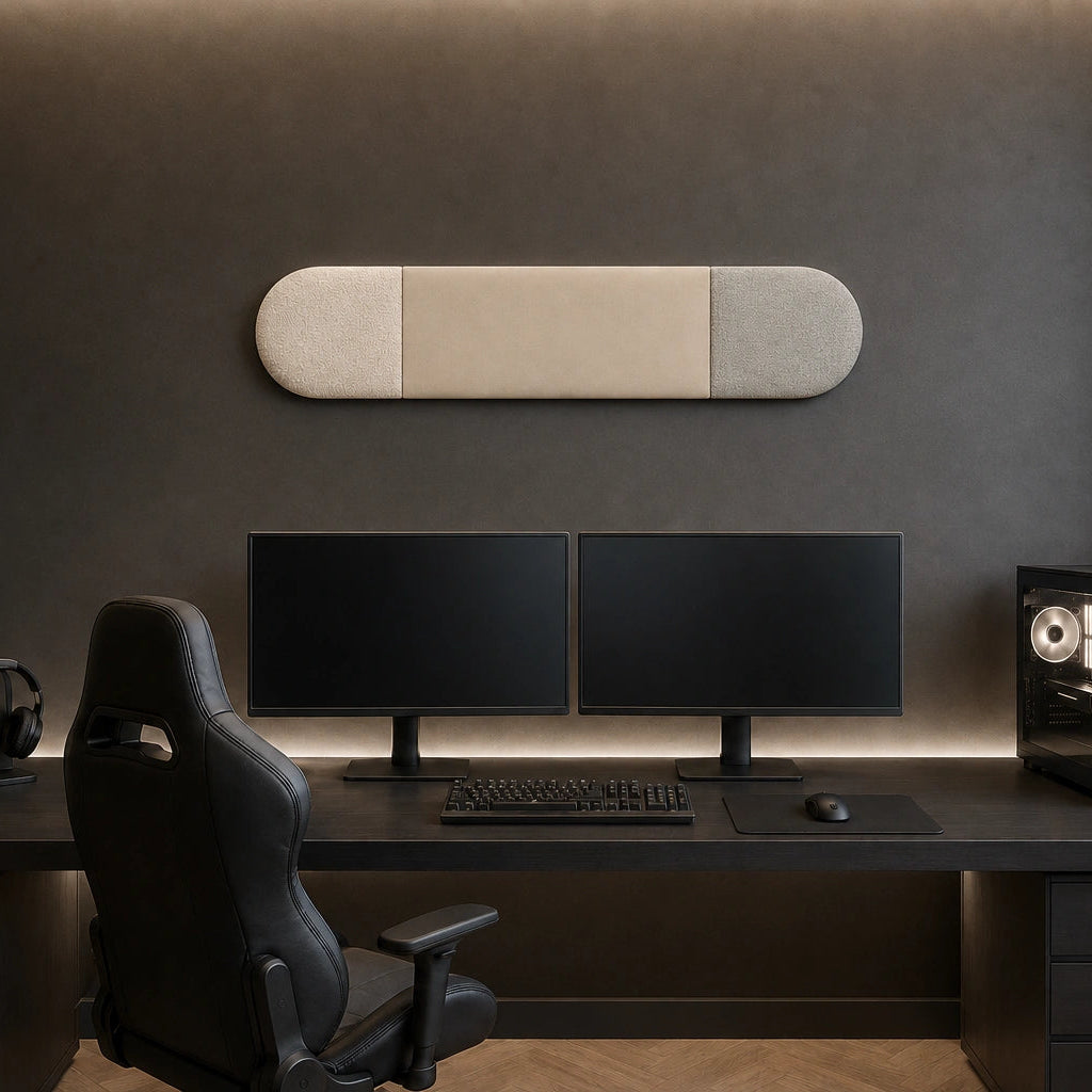 Front view of a rounded three-section upholstered wall panel mounted above a modern black gaming desk with two monitors