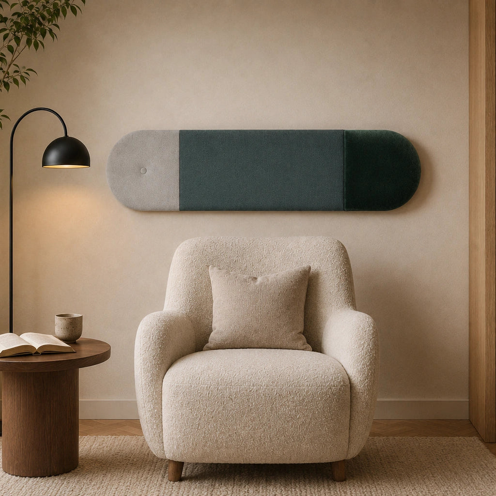 Front view of a three-section upholstered wall panel featuring light grey, muted green and dark green fabrics, displayed above a cream armchair in a cosy reading corner