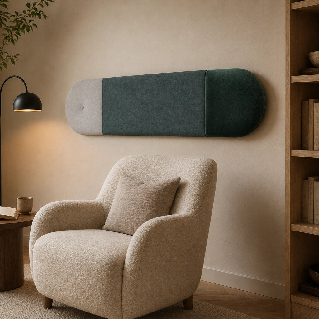 Angled view of a green upholstered wall panel with rounded ends and visible fabric joints, mounted above a cream armchair in a warm, neutral interior