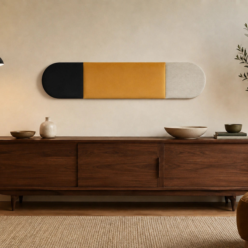 Front view of a three-section black, mustard and cream upholstered wall panel displayed above a dark wooden sideboard in a warm living room