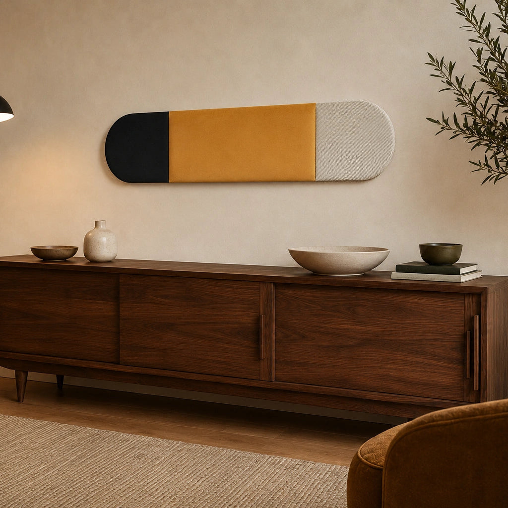 Angled view of a rounded black, mustard and cream wall panel mounted above a wooden sideboard in an elegant neutral interior